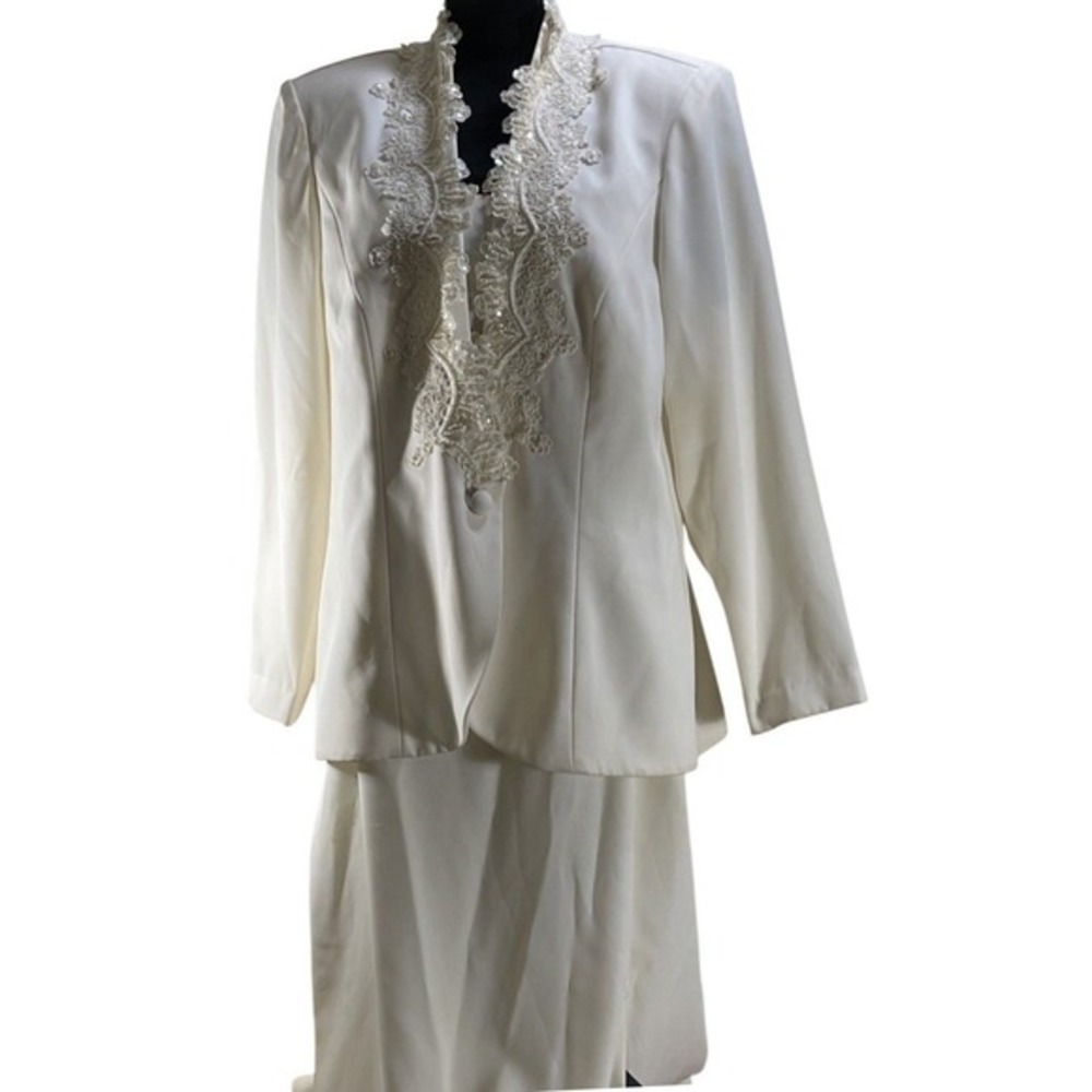 Karen Miller New York Ivory Lace Pearl Embellished Blazer Maxi Skirt Suit Set‎